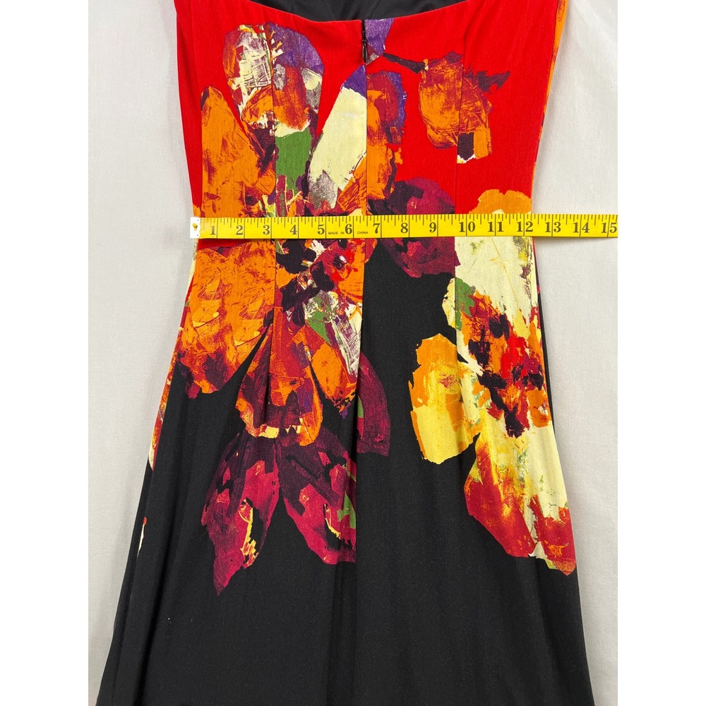 Cache Strapless Dress Womens 8 Black Red Floral Ruffle Midi Bodycon Cocktail - Picture 5 of 9